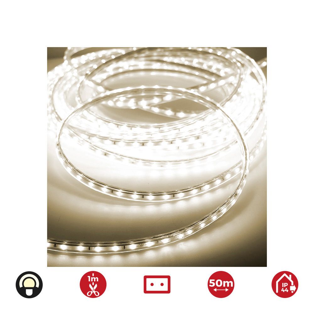 Tira LED 50m. 60 leds/m 4,2W/m branco quente 3.200K, IP44, 220-240V (USO interior-exterior) EDM