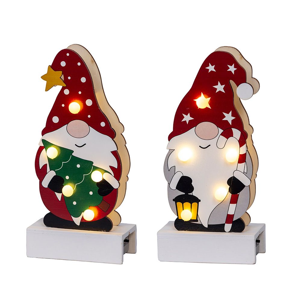 Figura gnomo de madeira com LED 8,50 x 4,50 x 18 cm, modelos variados
