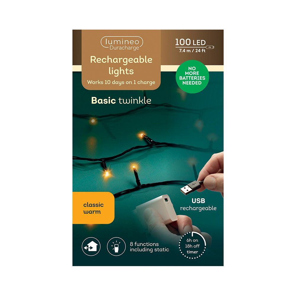 Guirlanda multifuncional, uso externo, recarregável, branco quente, cabo preto, 100 LEDs, 7,4 m - Image 2