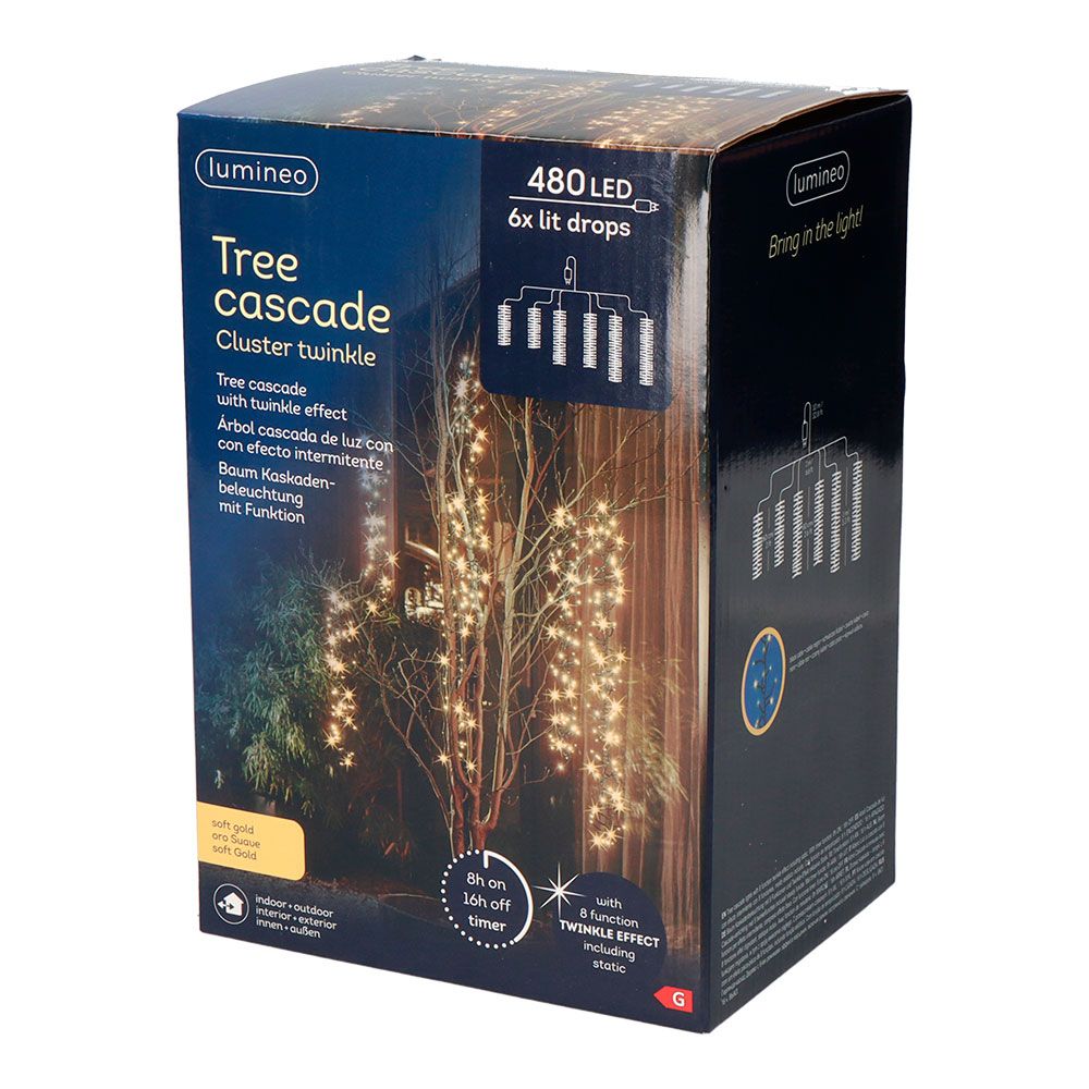 Cortina multifunções, exterior, especial para árvores, formato cascata, ouro macio, 480 LEDs, 2 m