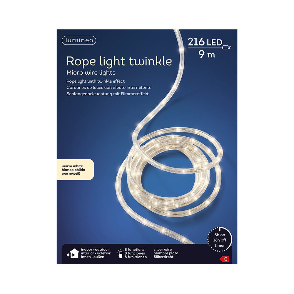 Fios de luzes LED brancos quentes, uso externo, 216 LEDs, 8 funções, fio prateado, 9 m - Image 2