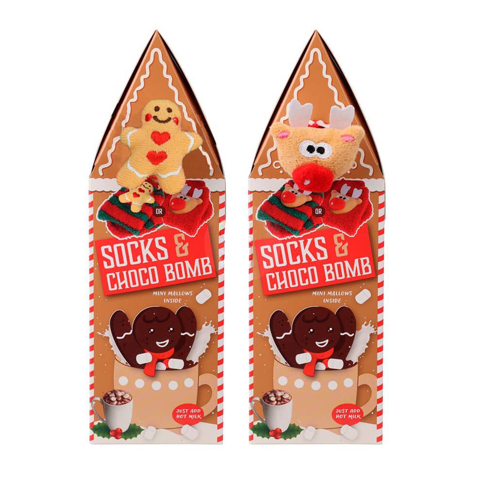 Caixa de Natal com meias e chocolate em formato de biscoito de gengibre, modelos variados