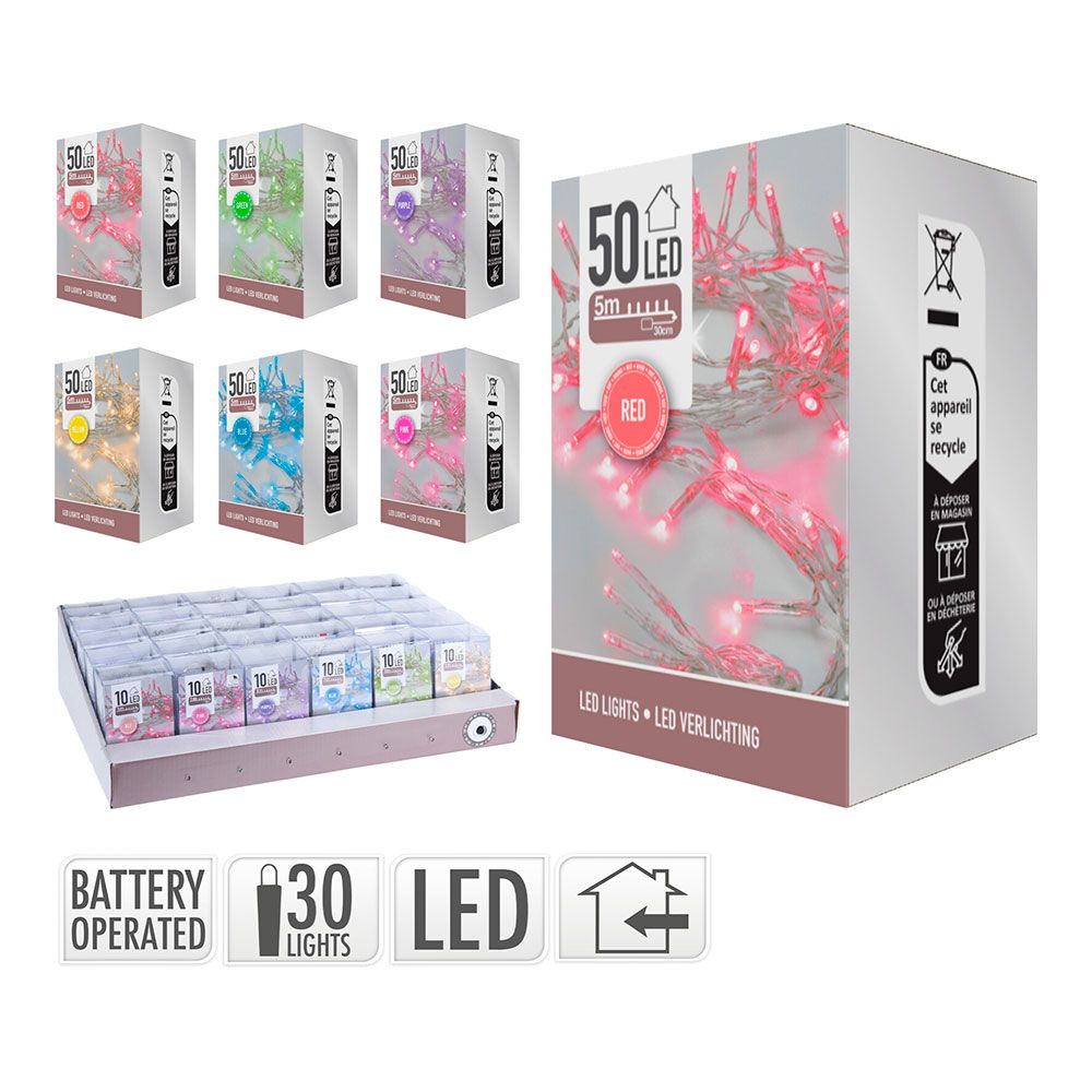 Guirlanda a bateria, função fixa, 50 LEDs, cabo transparente, cores variadas, interior, 5 m