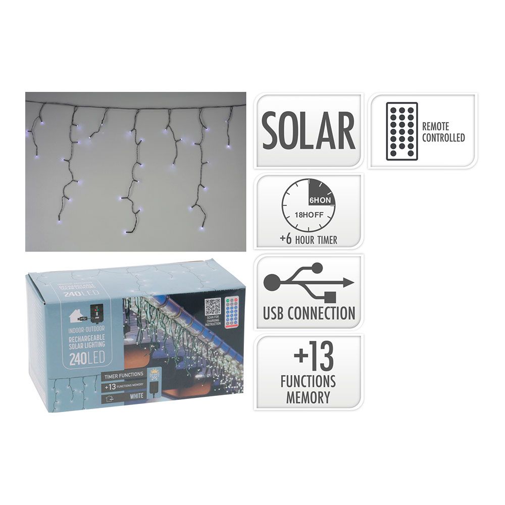 Cortina solar recarregável, 240 LEDs, multifuncional, luz fria, externa, 8 m