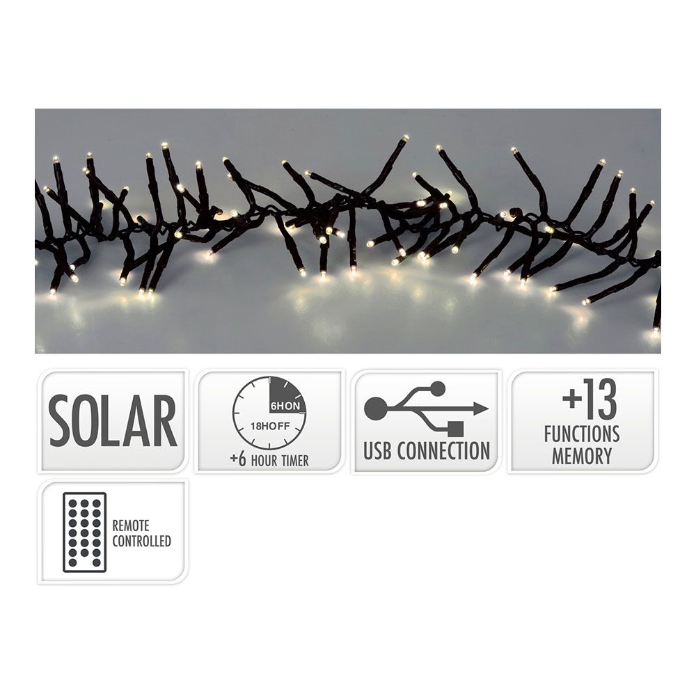 Corda solar recarregável, 768 LEDs, multifuncional, luz quente, externa, 5,6 m