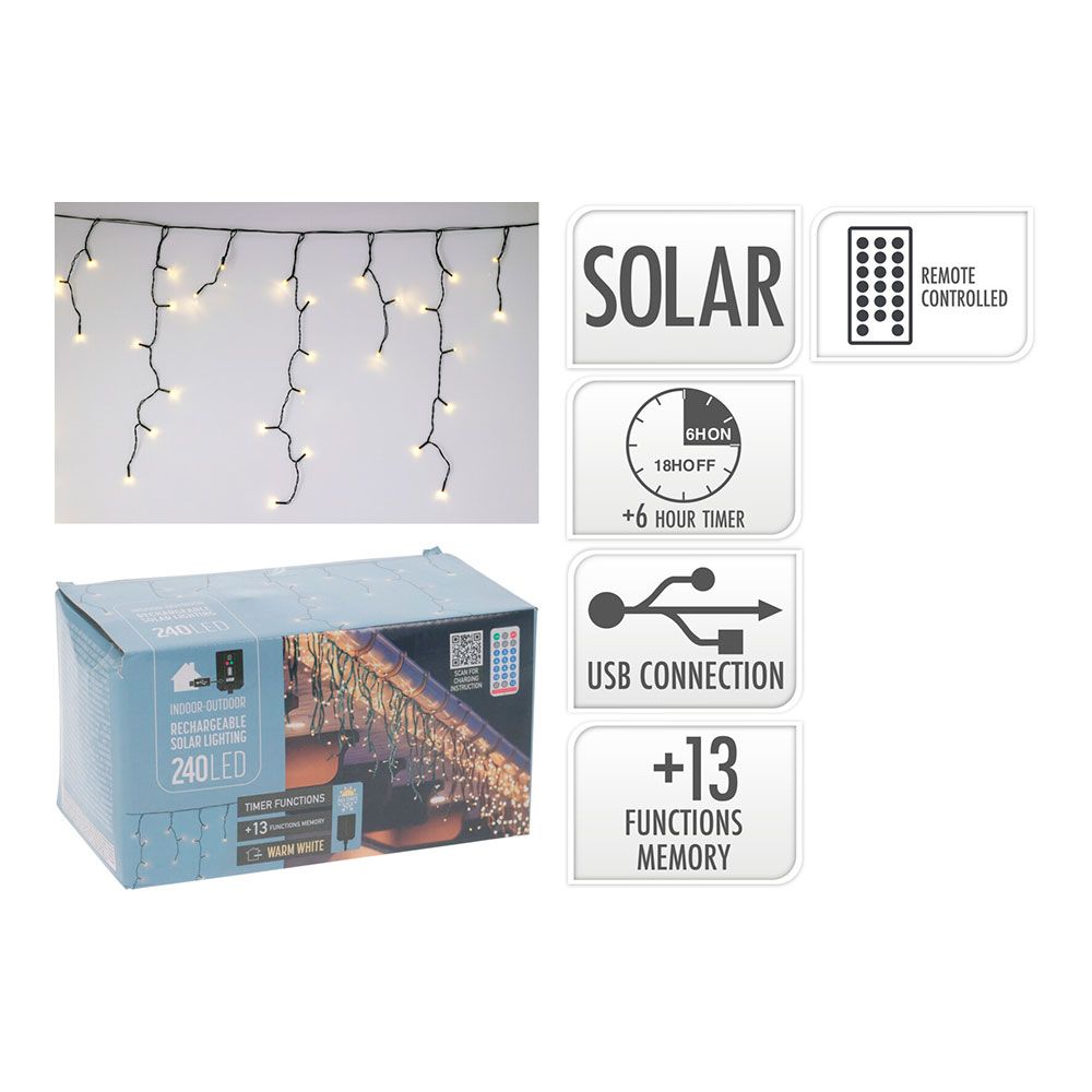 Cortina solar recarregável, 240 LEDs, multifuncional, luz quente, externa, 8 m