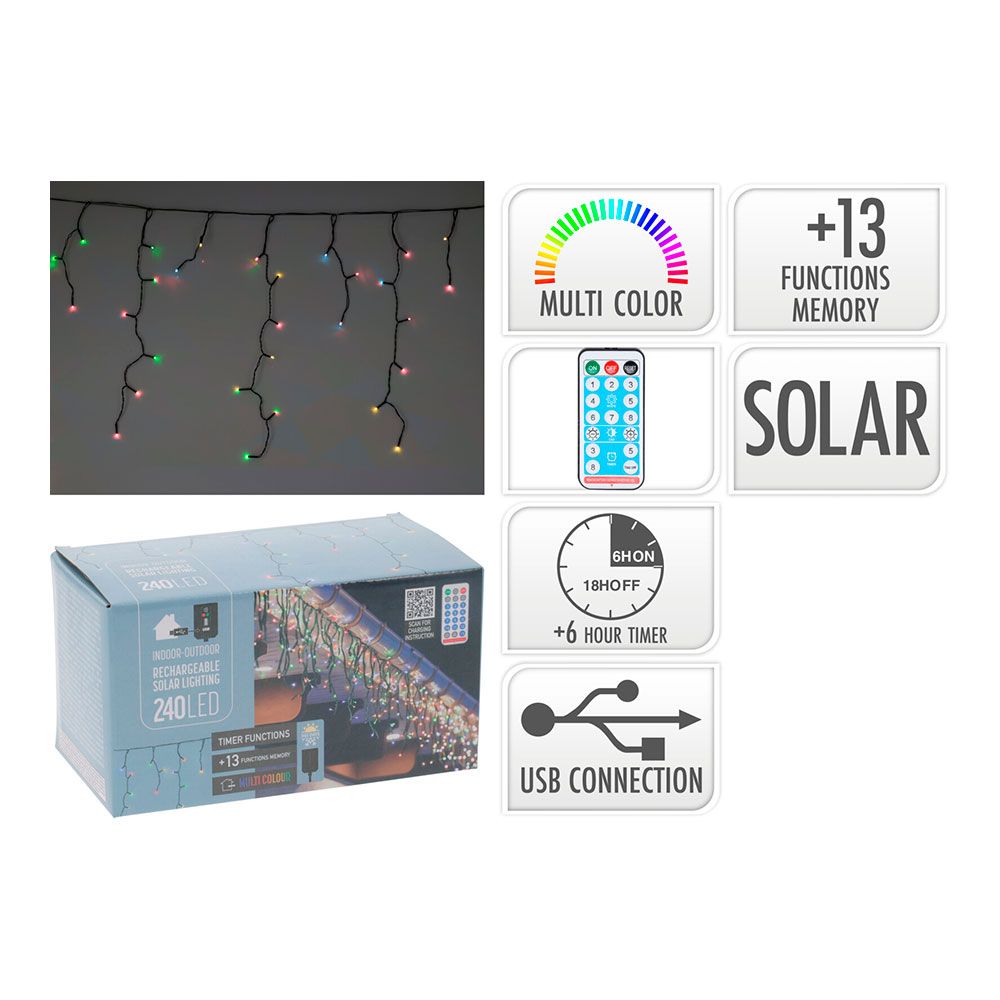 Guirlanda solar recarregável, 240 LEDs, multifuncional, multicolor, exterior, 8 m