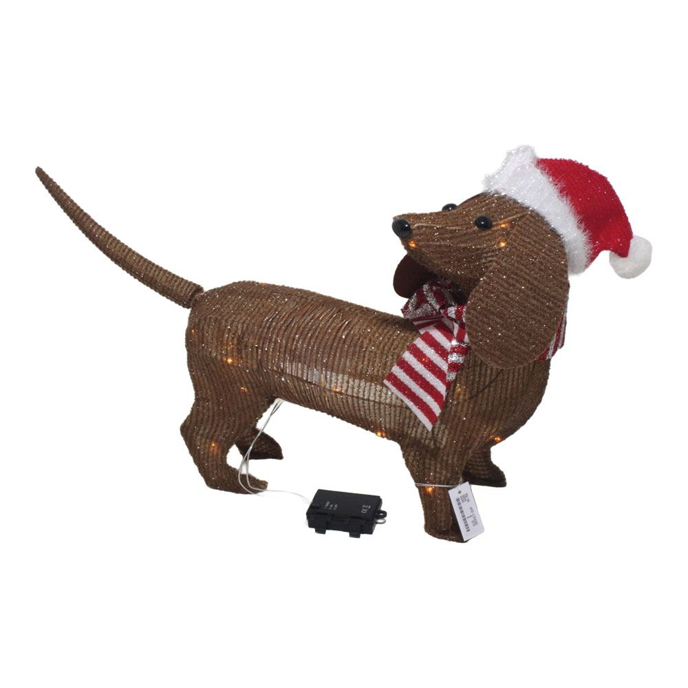 Cachorro marrom com chapéu de Natal, bateria, função fixa, 40 LEDs, interior