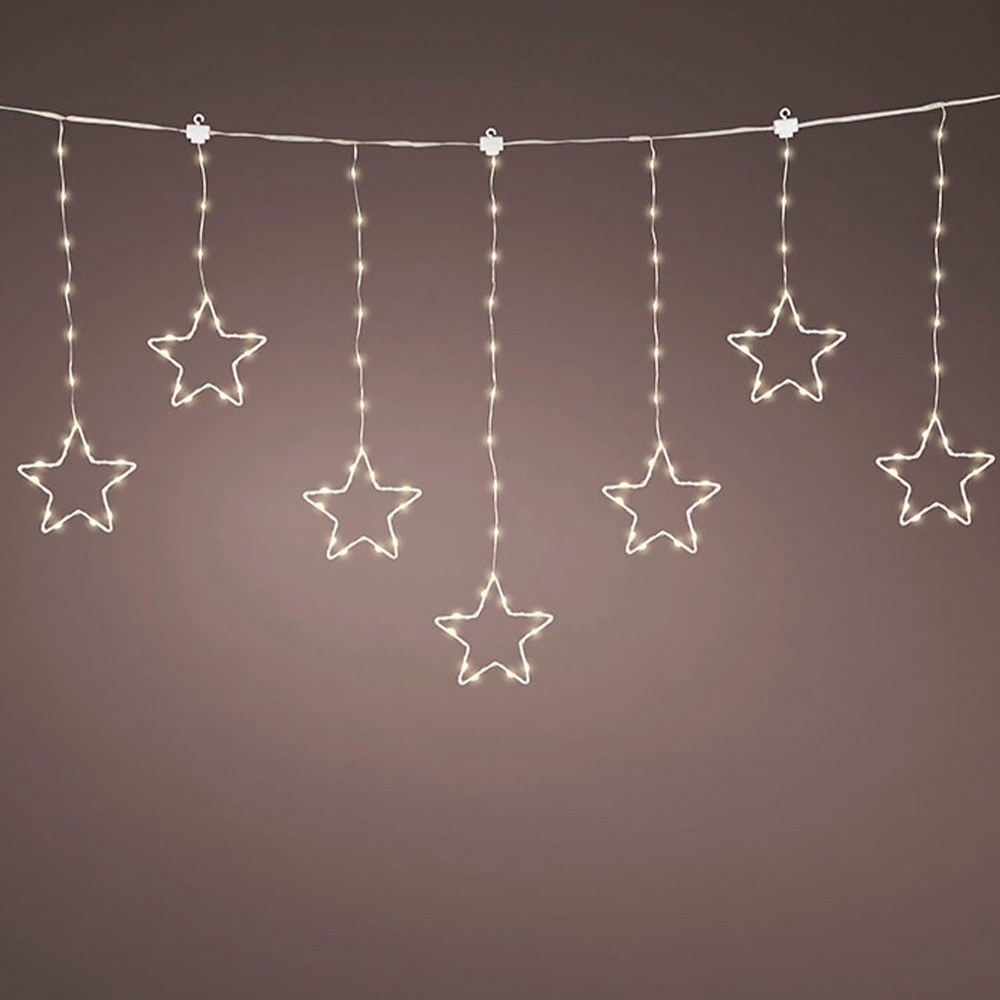 Cortina de luzes LED para exterior com estrelas, fixa, branco quente, cabo transparente, 1,2 m