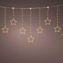 Cortina de luzes LED para exterior com estrelas, 8 funções, branco quente, cabo prateado, 1,2 m