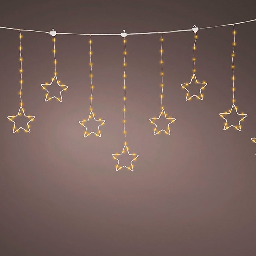 Cortina de luzes LED para exterior com estrelas, 8 funções, branco quente, cabo prateado, 1,2 m