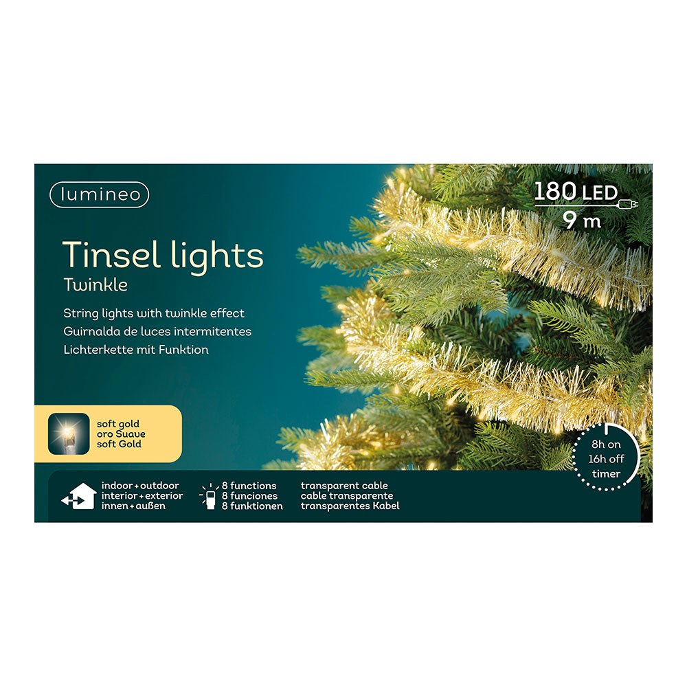 Cordão de luzes LED intermitentes para exterior, 8 funções, 180 leds, dourado suave, enfeite dourado, cabo transparente, 9 m - Image 2