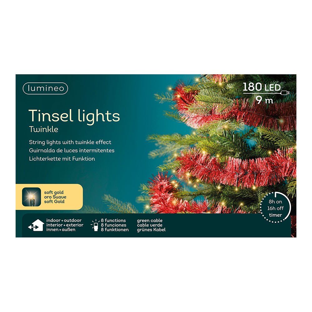Cordão de luzes LED intermitentes para exterior, 8 funções, 180 leds, dourado suave, enfeite vermelho, cabo verde, 9 m - Image 2