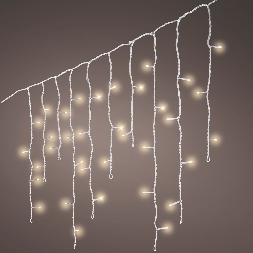Cortina de LED externa em formato de gelo, 8 funções, branco quente, cabo branco, 5 m