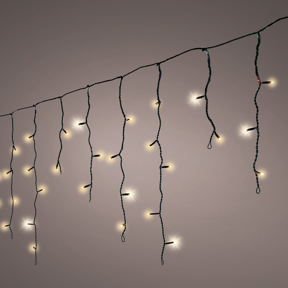 Cortina de LED externa em formato de pingente de gelo, efeito cintilante, branco frio, cabo preto, 5 m