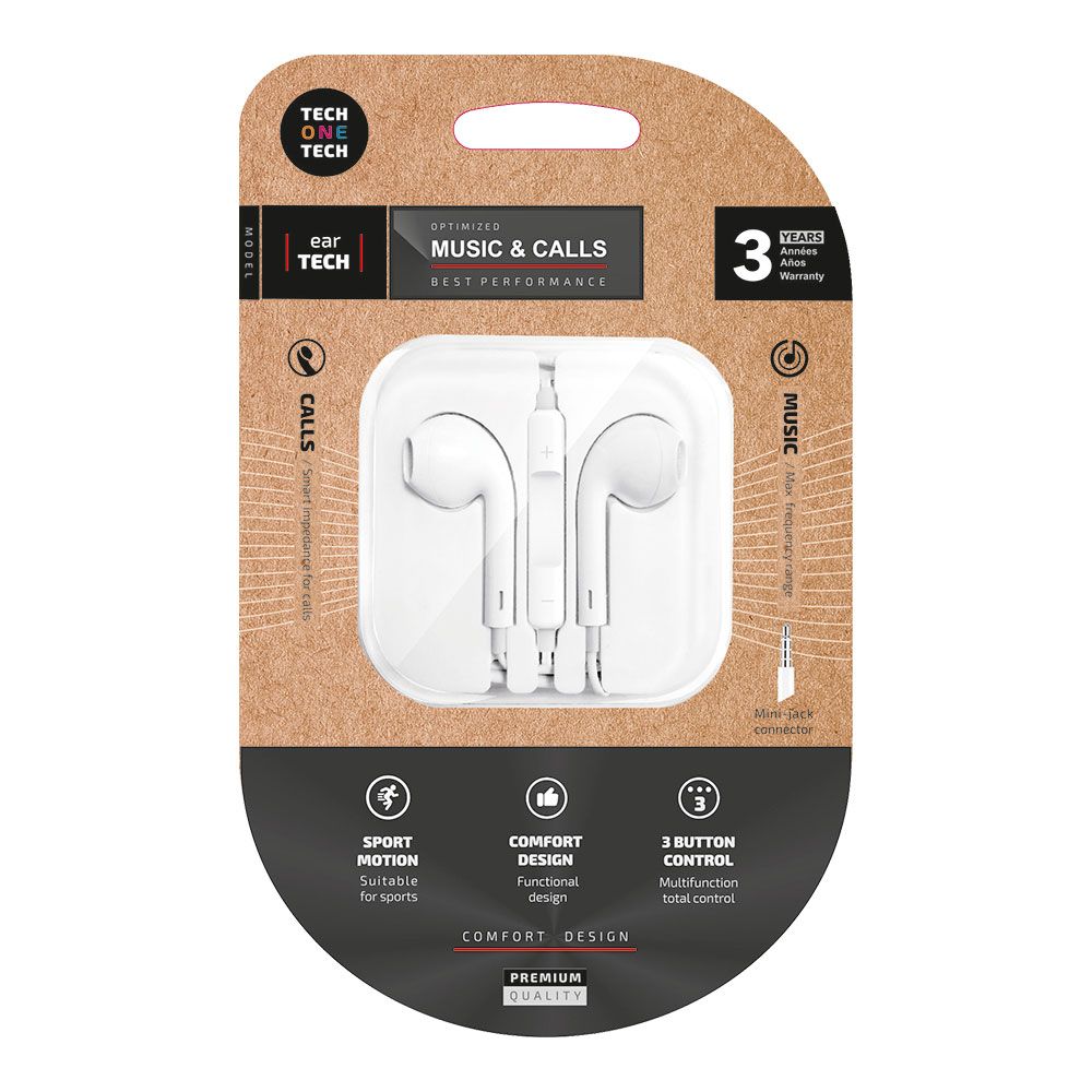 Auriculares eartech brancos, conetor mini-jack. tech ONE tech