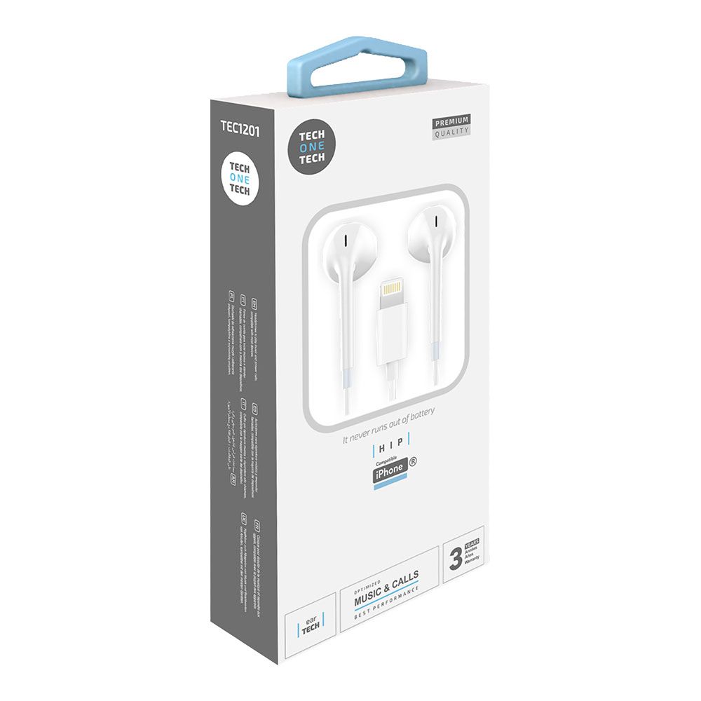 Auriculares HIP brancos, lightning (comp. apple). tech ONE tech
