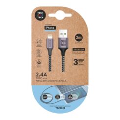 Cabo nylon cinzento 2m c/usb-a a lightning, apple. 2,4A. tech ONE tech