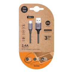Cabo nylon cinzento 2m c/usb-a a usb-c. 2,4A. tech ONE tech