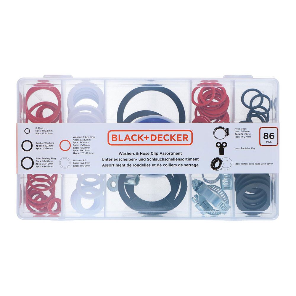 Variedade de juntas, arruelas e braçadeiras, 86 peças ass black+decker