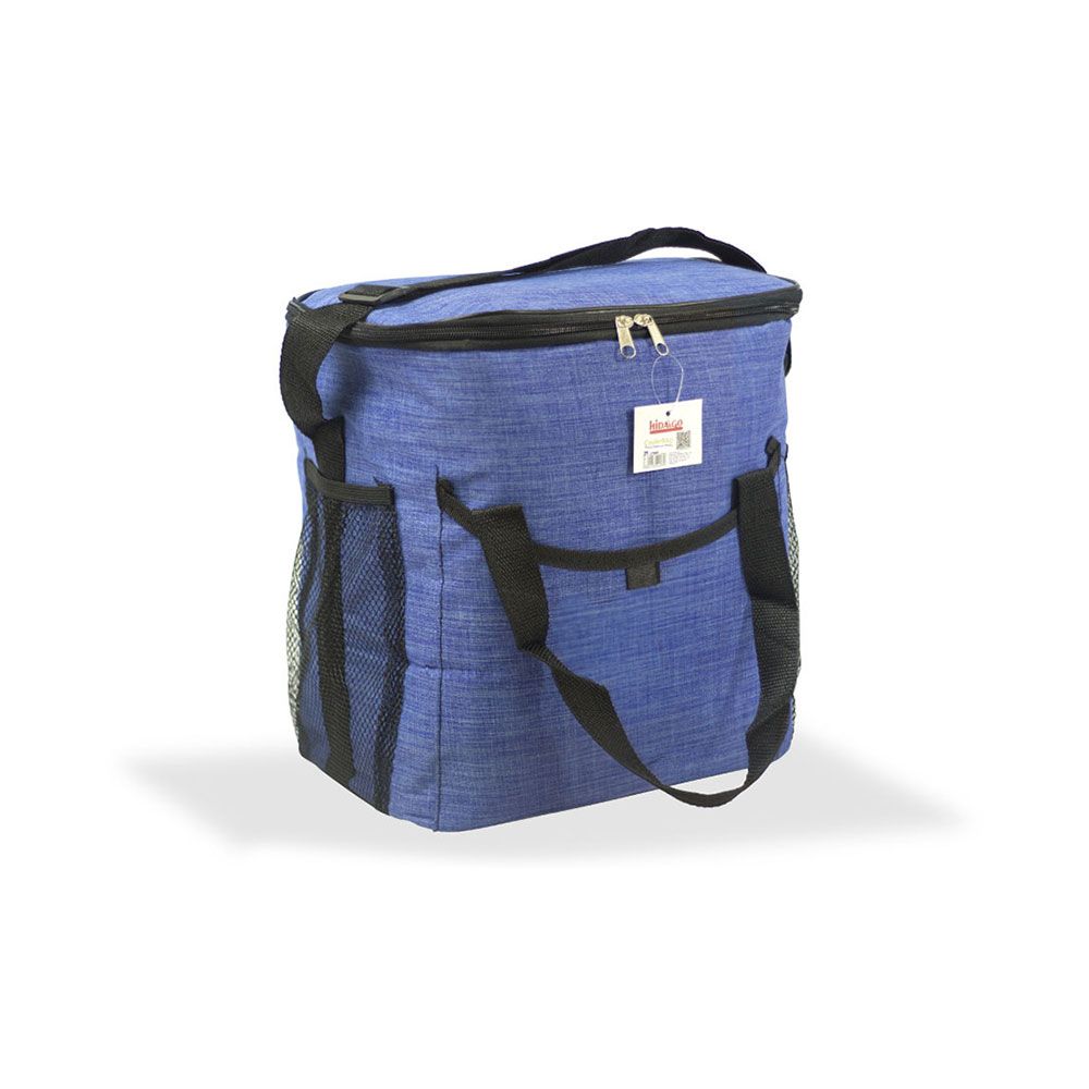 Geladeira tipo bolsa 21 l, design jeans azul com acabamento preto, alças e alça ajustável, 37,7 x 20 x 33 cm