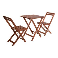 Conjunto jardim de mesa e duas cadeiras dobráveis, madeira acácia natural