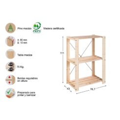 Estante 3 prateleiras evolution 111x76,7x43cm pinho maciço astigarraga