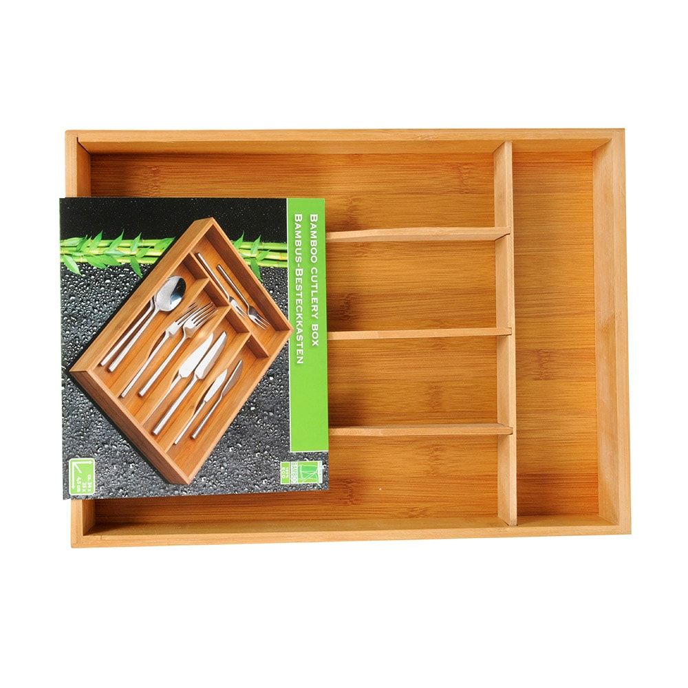 Organizador de talheres expansível em bambu com 6 compartimentos, 35 x 25-39,2 x 4,5 cm