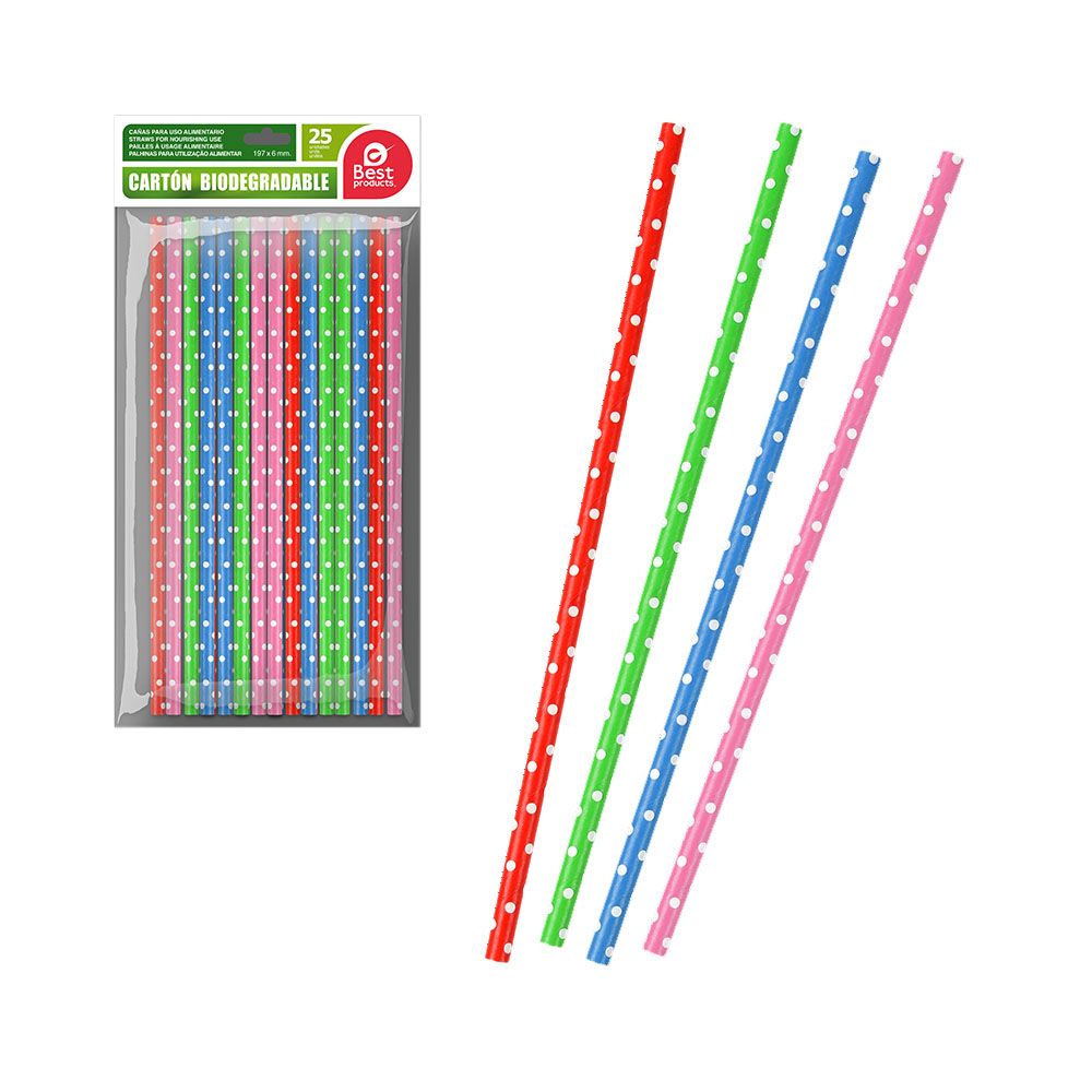 Canudos de papelão com bolinhas, cores sortidas, 25 UDS