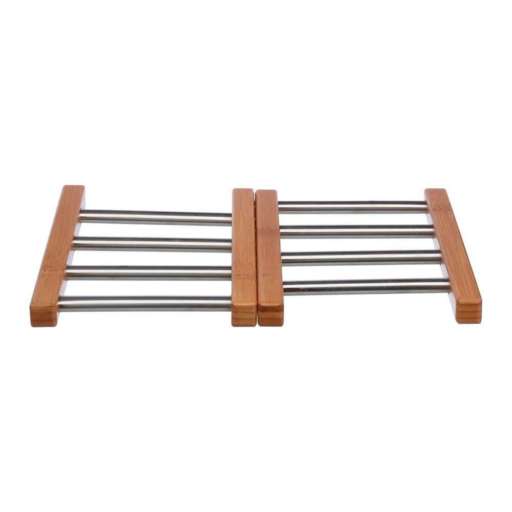 Descanso de panela extensível em bambu e aço inoxidável, 35,2 x 22,2 x 2 cm