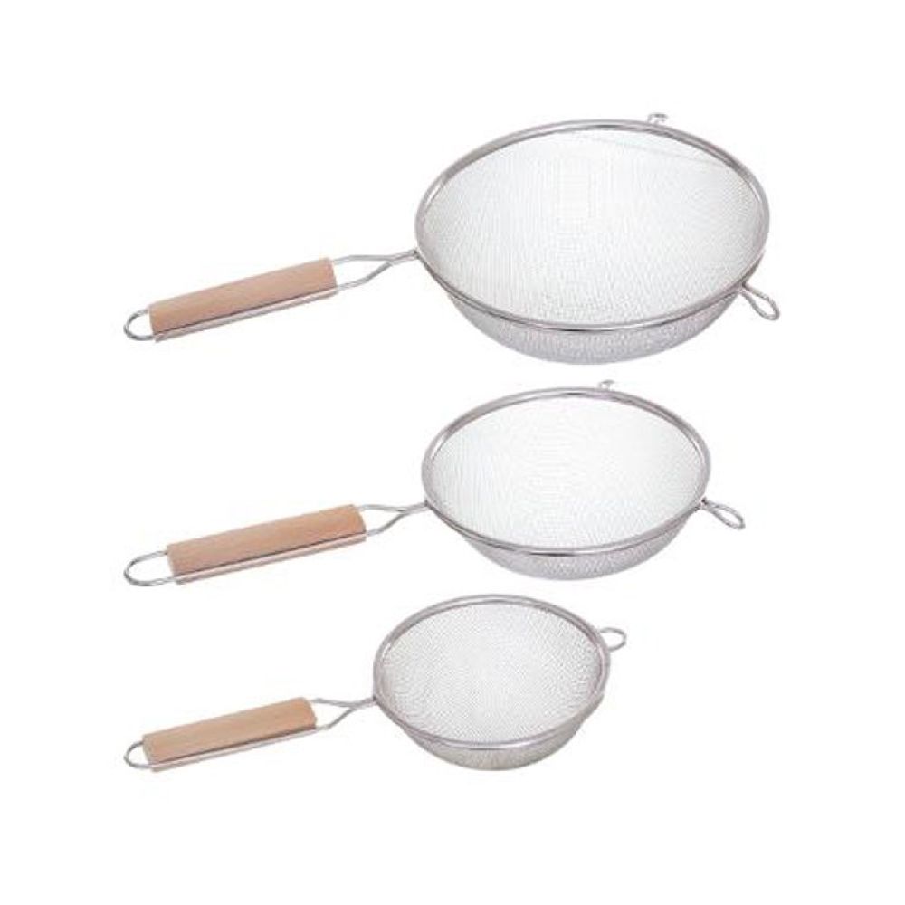 Coadores em aço inoxidável + cabo em madeira Ø12 cm / Ø16 cm / Ø20 cm, 3 peças