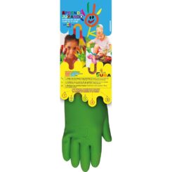 Luva infantil de látex aveludado, para jardinagem, bicolor, T-4 anos.