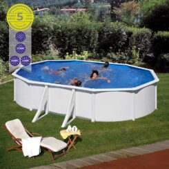 Piscina com parede de aço e chapa branca, oval, com purificador, 500 x 300 x 120 cm