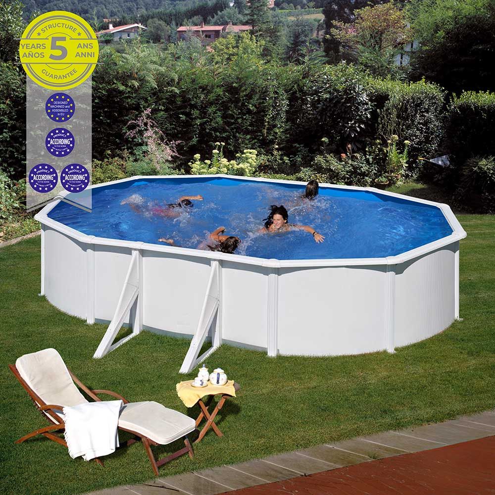 Piscina com parede de aço e chapa branca, oval, com purificador, 500 x 300 x 120 cm