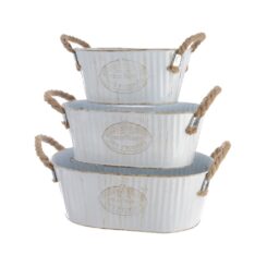 Balde zinc ovalado com duas pegas de corda, branco vintage, 3 un