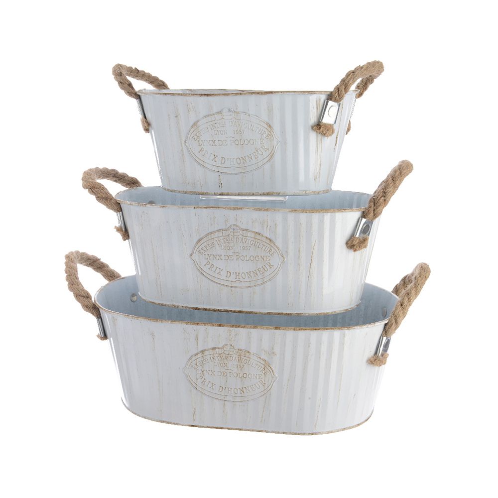 Balde zinc ovalado com duas pegas de corda, branco vintage, 3 un