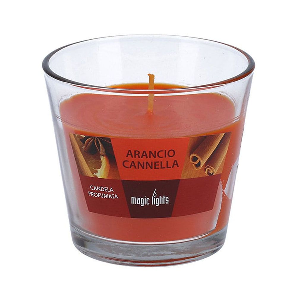 Vela perfumada em copo de vidro laranja-canela 150g. magic lights