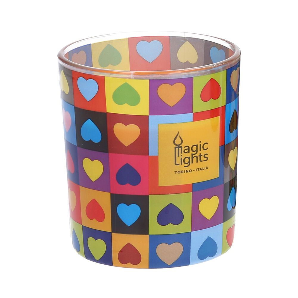 Vela em vidro POP ART Ø7,5x8,4cm corações magic lights