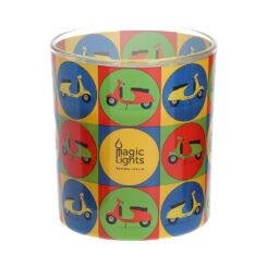 Vela em vidro POP ART Ø7,5x8,4cm motas magic lights