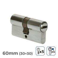 Cilindro 60 mm (30+30 mm) niquelado, came larga r15, com 5 chaves de segurança incluídas