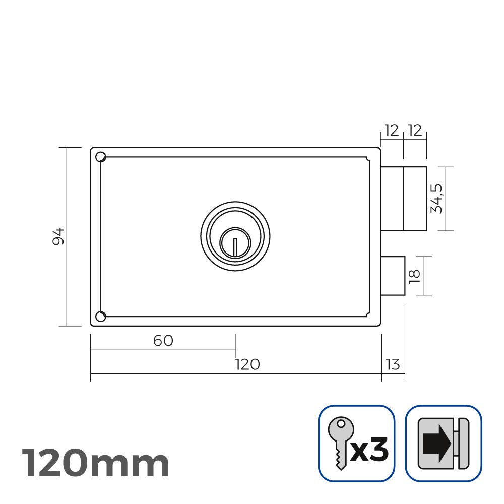 Fechadura direita 120 mm, 3 chaves incluídas EDM - Image 2