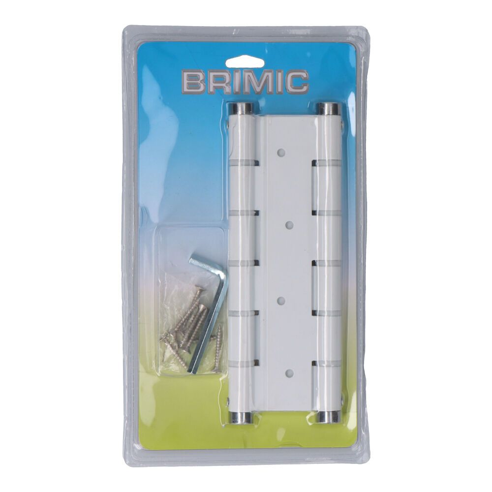 Dobradiça de dupla ação, modelo BS10 BL M57001, em alumínio com acabamento branco, 133 x 180 mm, blister