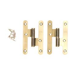 Dobradiça, sem tampa de extremidade, modelo PN04, lado direito, fabricada em aço com acabamento em latão acetinado, 100 x 58 mm, 2 un, blister