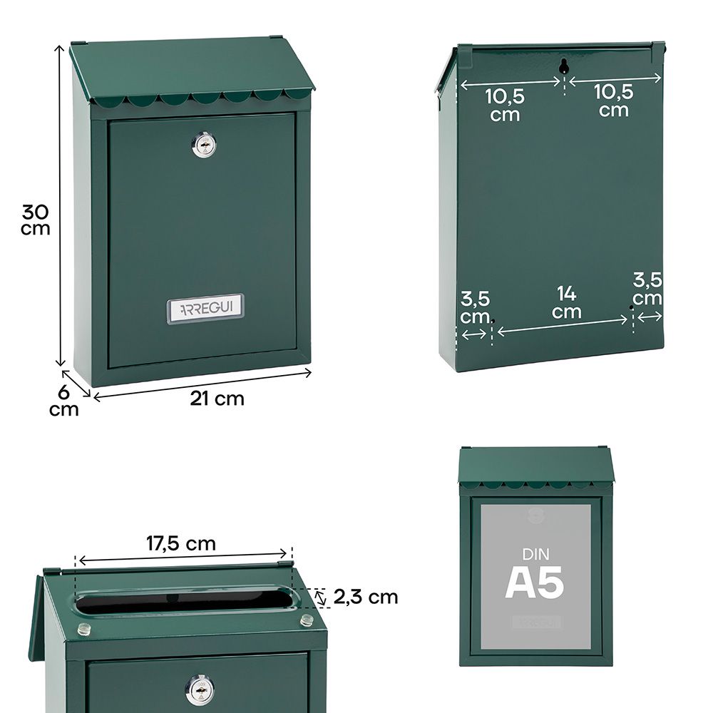 Caixa de correio individual exterior, pequena, civic, aço, verde, 21,6 x 8 x 30 cm - Image 5