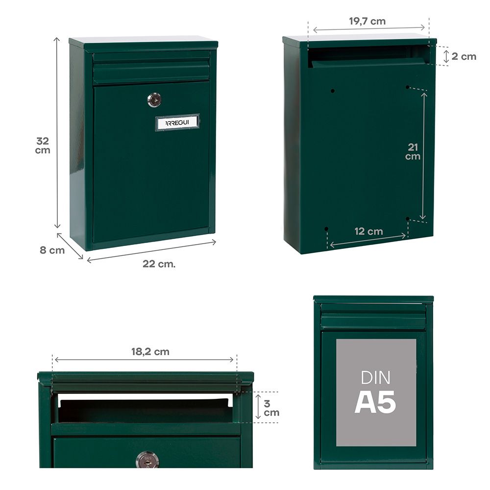 Caixa de correio individual exterior pequena zaguán, aço, verde, 22 x 8 x 32 cm - Image 4