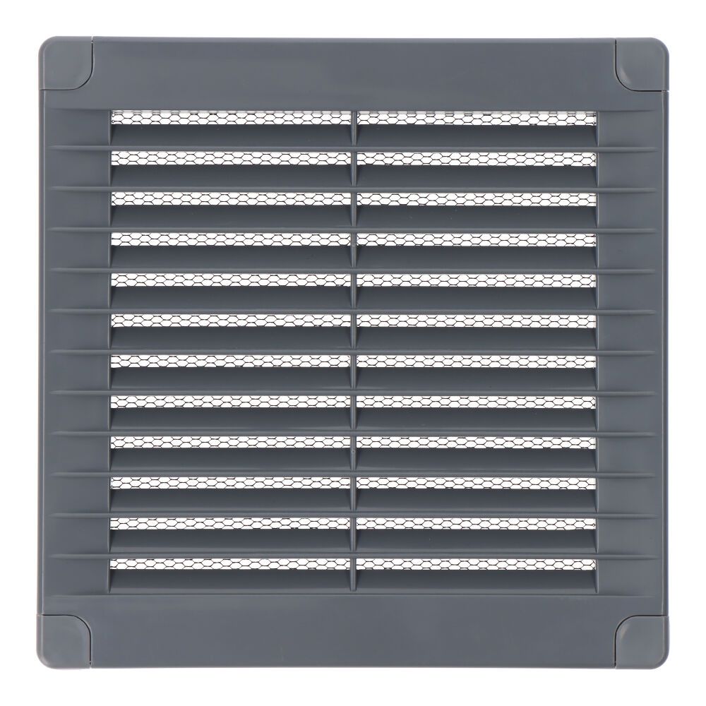Grelha de ventilação quadrada com plugas e rede mosquiteira 150x150x7mm ABS cinza