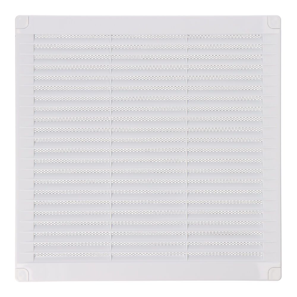 Grelha de ventilação quadrada com plugas e rede mosquiteira 250x250x7mm ABS branco