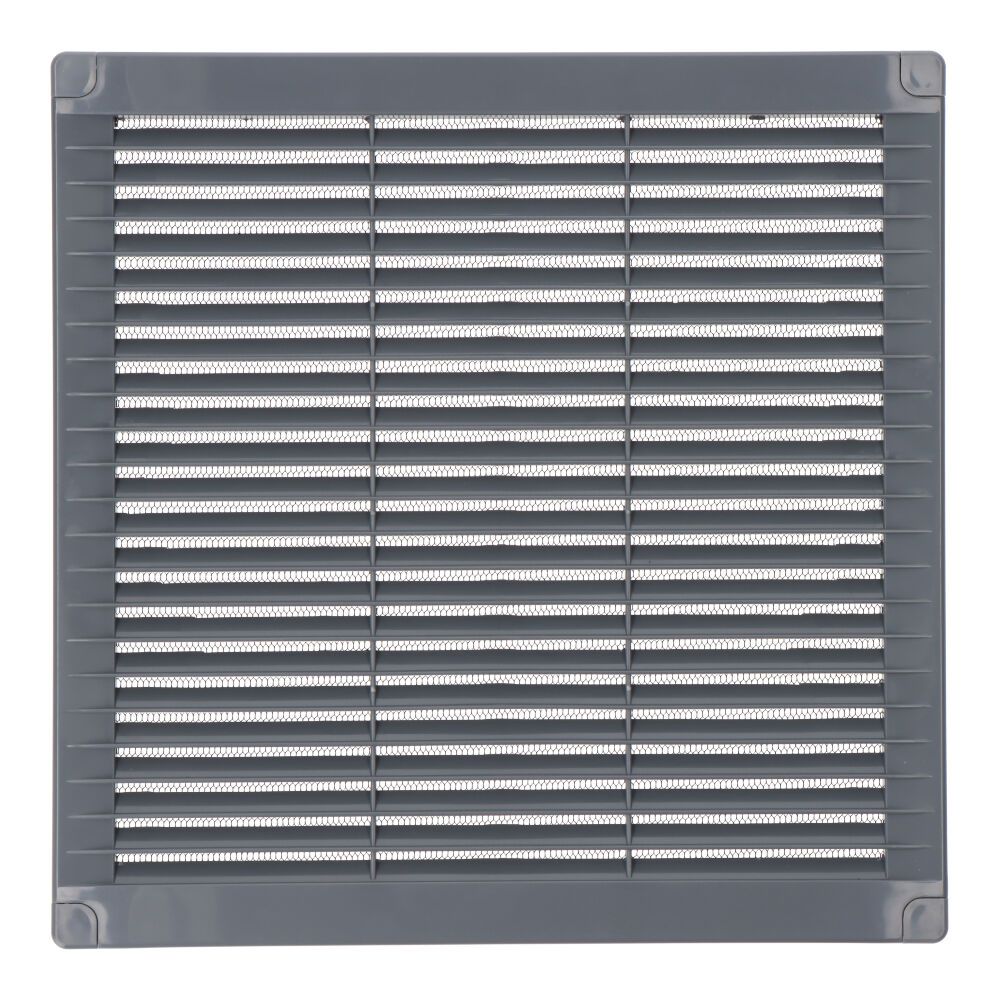 Grelha de ventilação quadrada com plugues e mosquiteiro 250x250x7mm ABS cinza