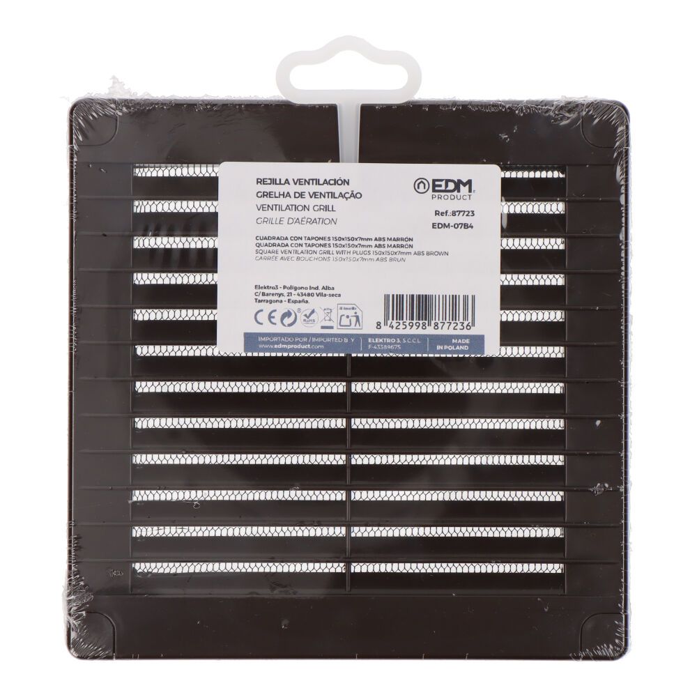 Grelha de ventilação quadrada com tampões e mosquiteira 150x150x7mm ABS castanho - Image 3