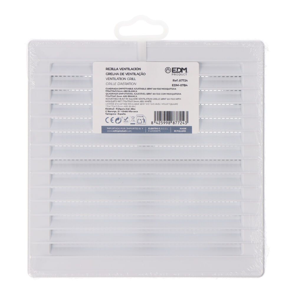 Grelha de ventilação quadrada de encastrar ajustável ø 80-150 com mosquiteira 170x170x11,5mm ABS branco - Image 3
